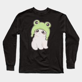 Adroable Kitty in a Froggy Hat. Funny Cat in a Hat Long Sleeve T-Shirt